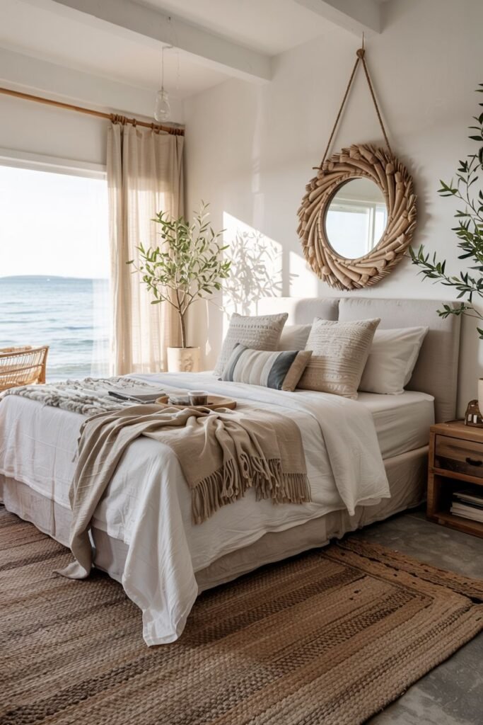 A boho coastal chic bedroom with large windows overlooking the ocean features a bed with layered white and neutral bedding, a wicker chair, a woven mirror, and plants, bathed in natural light.