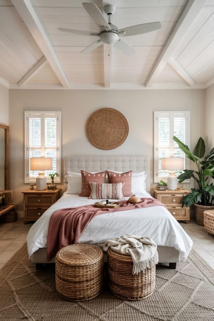 A warm boho coastal chic bedroom with white beamed ceilings includes a bed with a upholstered headboard and blush accents, woven ottomans, lamps, and a large woven wall hanging.