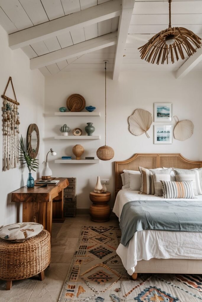 A functional boho coastal chic bedroom features a bed with a rattan headboard, a desk area with woven accents, layered pillows in neutral and blue tones, decorative shelves, and a patterned rug.
