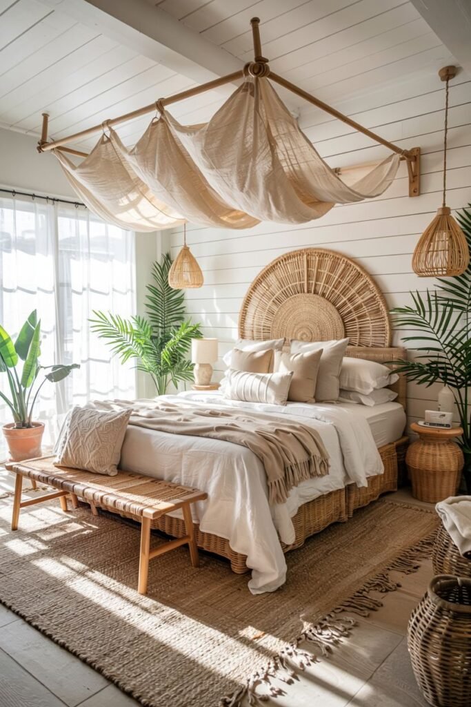 A natural boho coastal chic bedroom with white paneled walls and beamed ceilings features a bed with a woven headboard and draped fabric canopy, woven accents, plants, and a wooden bench.