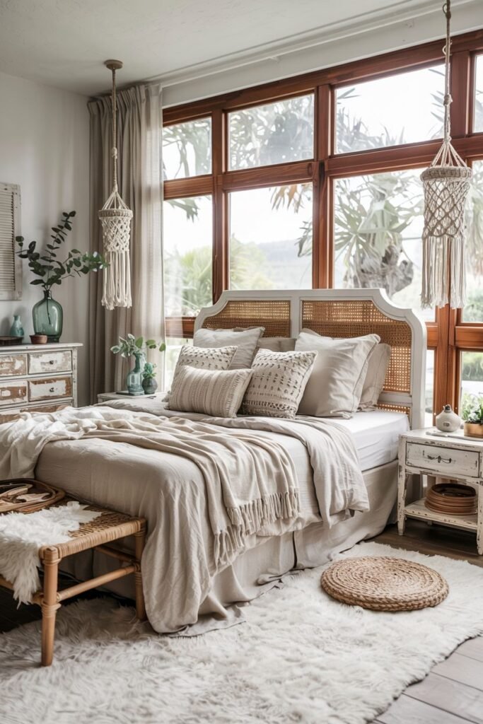 A light-filled boho coastal chic bedroom with large windows features a bed with a white painted cane headboard, layered neutral bedding, a fluffy white rug over a jute rug, and macrame pendant lights.