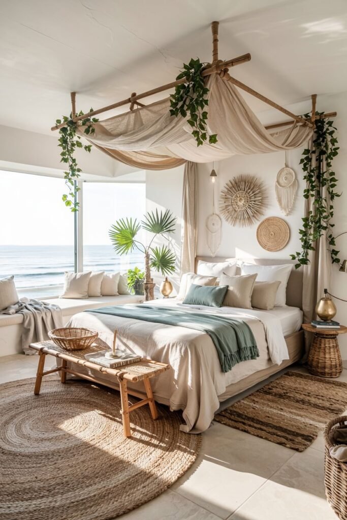 A picturesque boho coastal chic bedroom overlooking the ocean features a bed with a draped fabric canopy adorned with greenery, a window seat, woven accents, and round jute rugs.