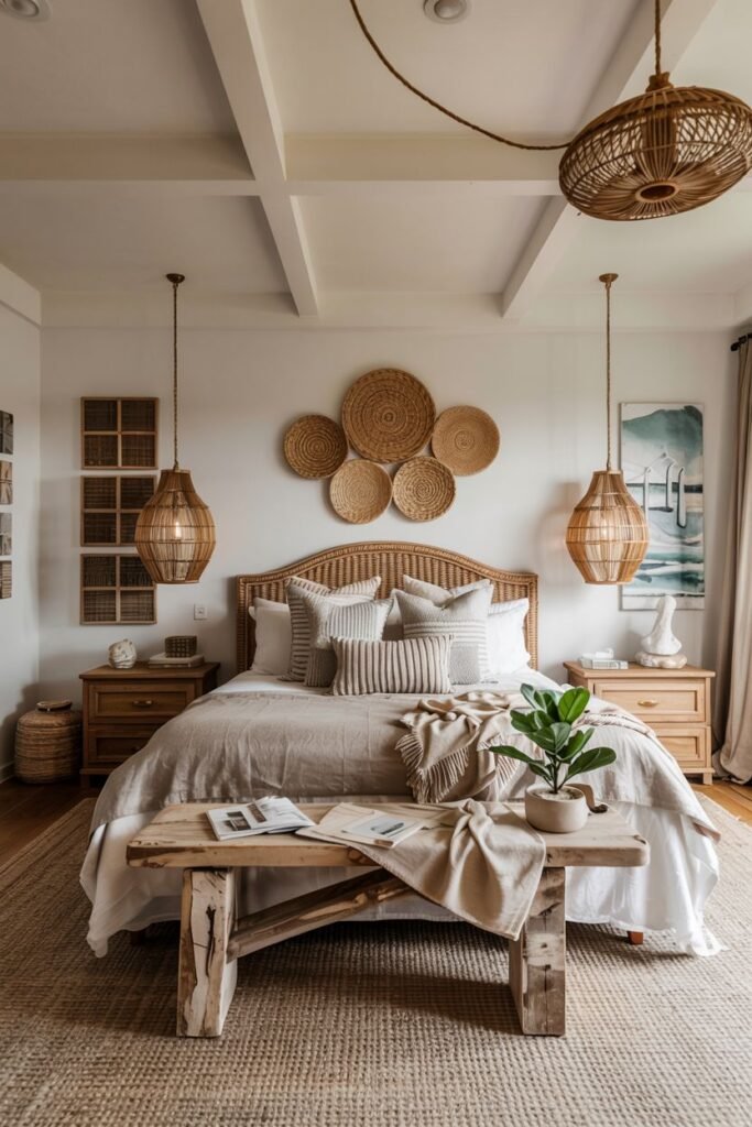 A cozy boho coastal chic bedroom with white beamed ceilings features a bed with a woven headboard, layered neutral bedding, woven pendant lights, decorative baskets on the wall, and a rustic wooden bench.