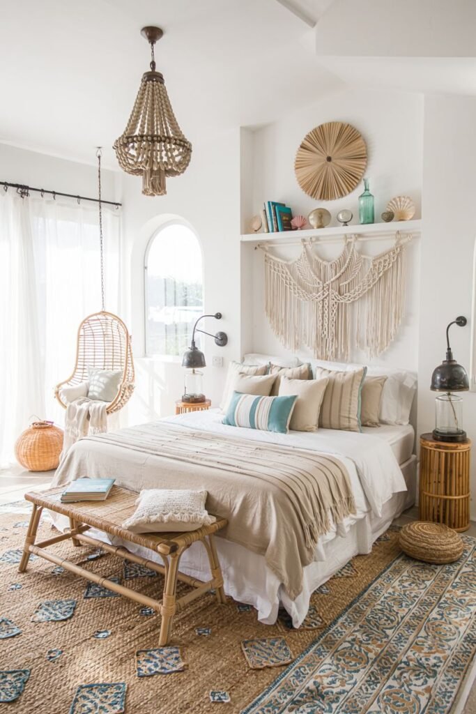 A bright boho coastal chic bedroom with an arched window features a bed with layered neutral and blue bedding, a large beaded chandelier, a hanging egg chair, and a shelf styled with coastal decor.