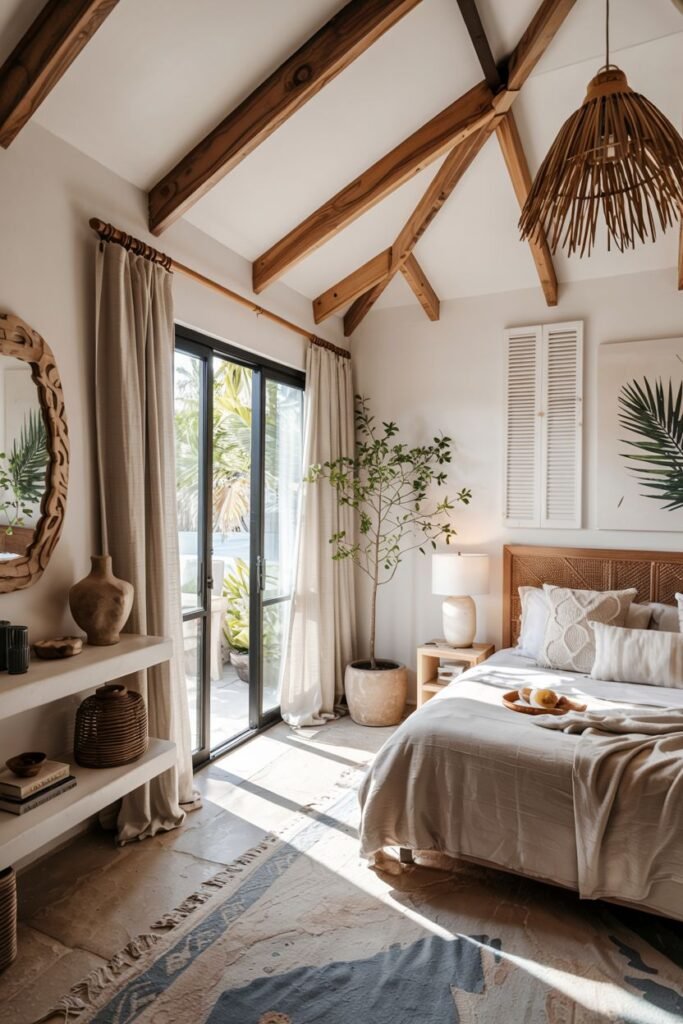 A rustic boho coastal chic bedroom with exposed wooden beams features a bed with a rattan headboard, a large mirror, woven accents, plants, and a glass door leading to a patio.