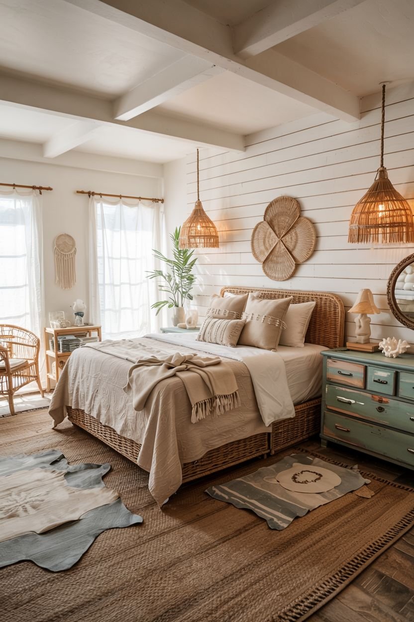 A charming boho coastal chic bedroom with white paneled walls and beamed ceilings features a bed with a woven headboard, layered neutral and blue bedding, woven pendant lights, decorative wall baskets, and multiple layered rugs.