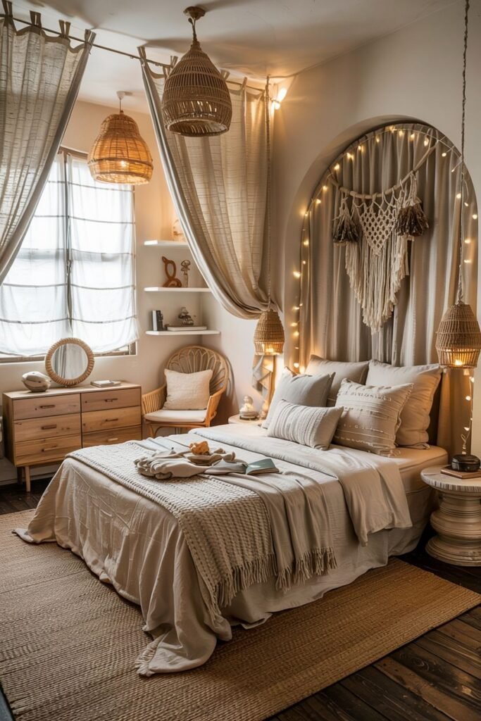 A boho coastal chic bedroom features a large bed with light-colored bedding and pillows, draped sheer curtains, woven pendant lights, string lights, a macrame wall hanging, a wooden dresser, and a wicker chair, creating a cozy atmosphere.