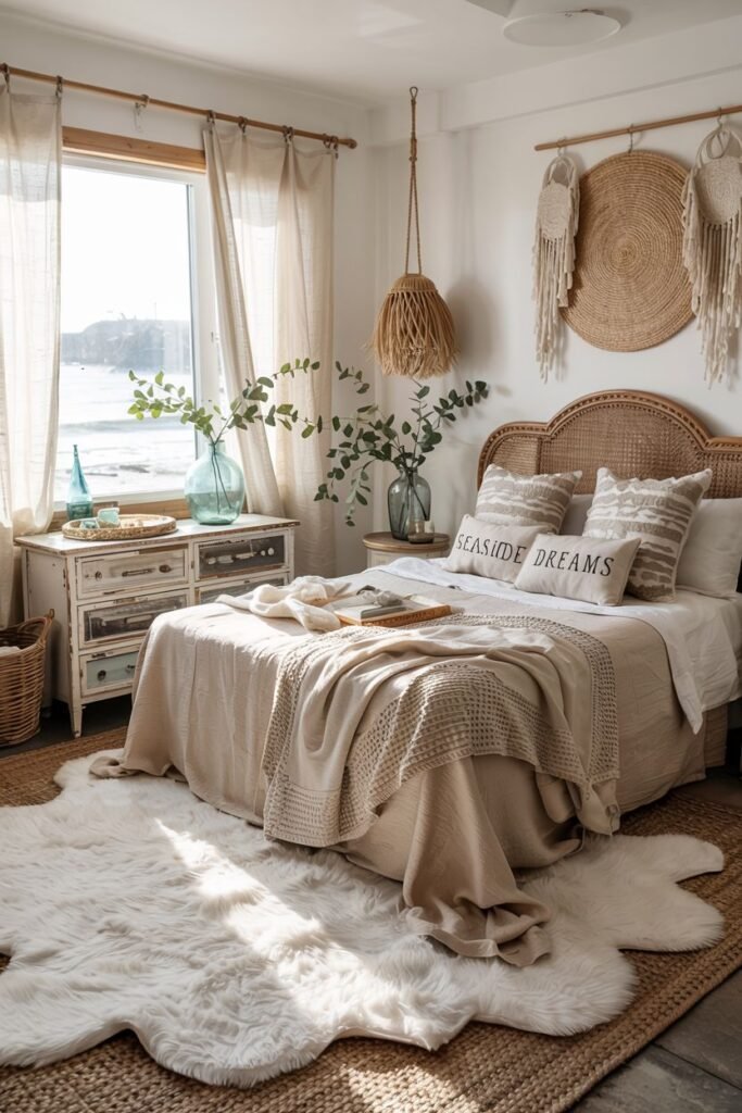 A serene boho coastal chic bedroom includes a bed with a wicker headboard and neutral bedding, a rustic dresser, woven accents, and a fluffy white rug over a jute rug, creating a calm "seashell dreams" space.