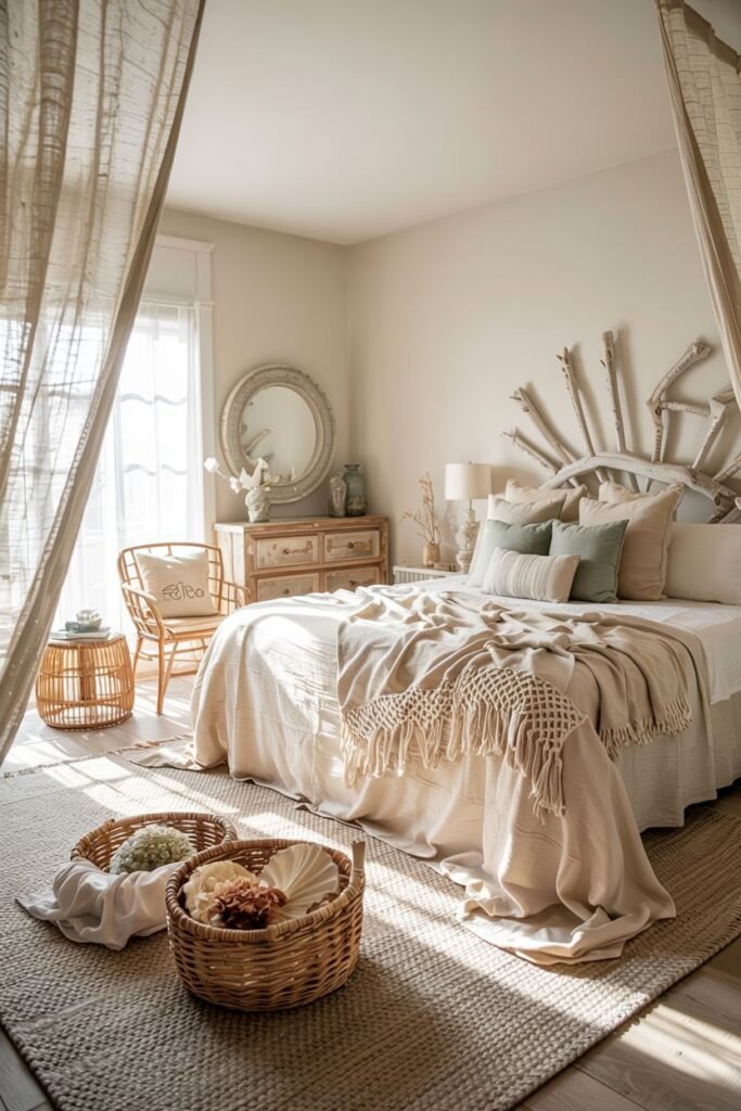 A spacious boho coastal chic bedroom showcases a bed with a unique branch-style headboard, neutral bedding, woven baskets, a round mirror, and sheer curtains, suggesting a relaxed, airy feel.