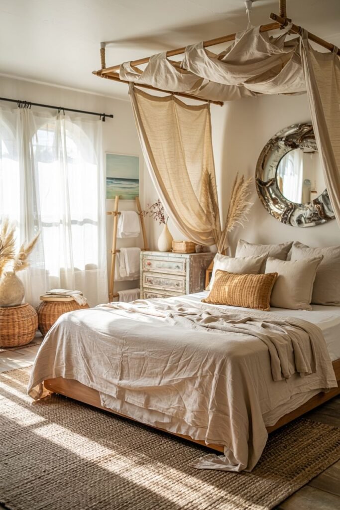 A sunlit boho coastal chic bedroom features a bed with a draped fabric canopy, layered neutral bedding, woven and pampas grass decor, a vintage dresser, and a large round mirror.