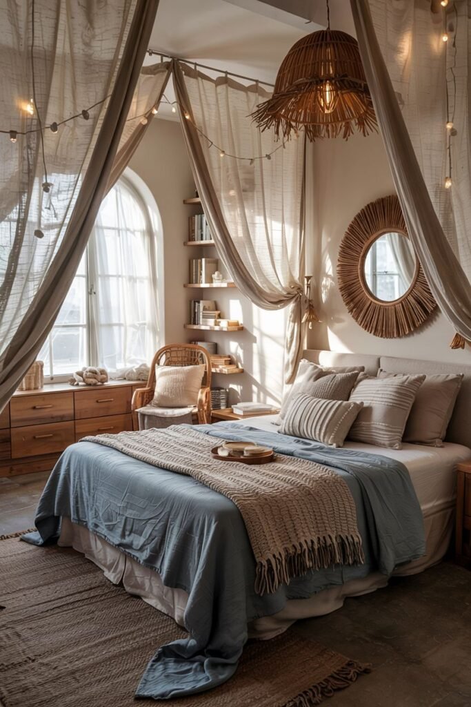 A boho coastal chic bedroom with an arched window and draped sheer curtains includes a bed with blue and neutral bedding, a large woven pendant light, string lights, a round mirror, and a wicker chair.