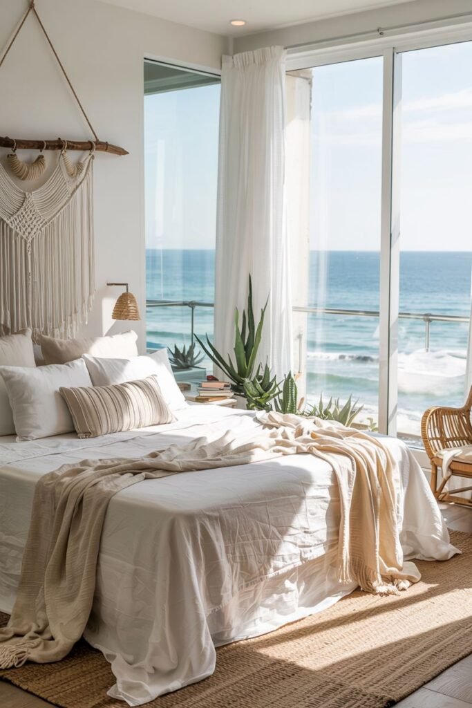 A minimalist boho coastal chic bedroom opens onto an ocean view with large glass doors, featuring a simple white bed with neutral bedding, a macrame wall hanging, plants, and a wicker chair.
