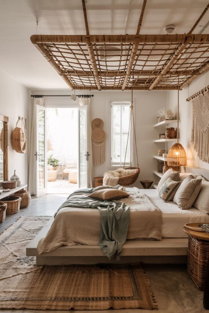 A unique boho coastal chic bedroom has a woven ceiling treatment and a hanging chair, with a low platform bed, layered rugs, and woven decor elements, opening onto an outdoor patio.