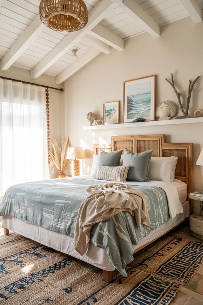 A boho coastal chic bedroom with exposed white beams features a bed with a rattan headboard and blue patterned bedding, woven pendant lighting, coastal-themed art, and decorative shells.