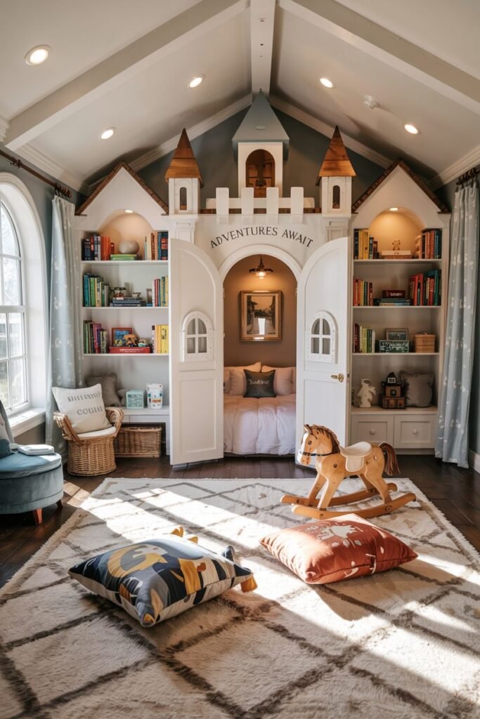 Chic kids' bedroom featuring a castle-themed bed structure with integrated bookshelves, a rocking horse, and comfortable floor pillows on a shaggy rug.
