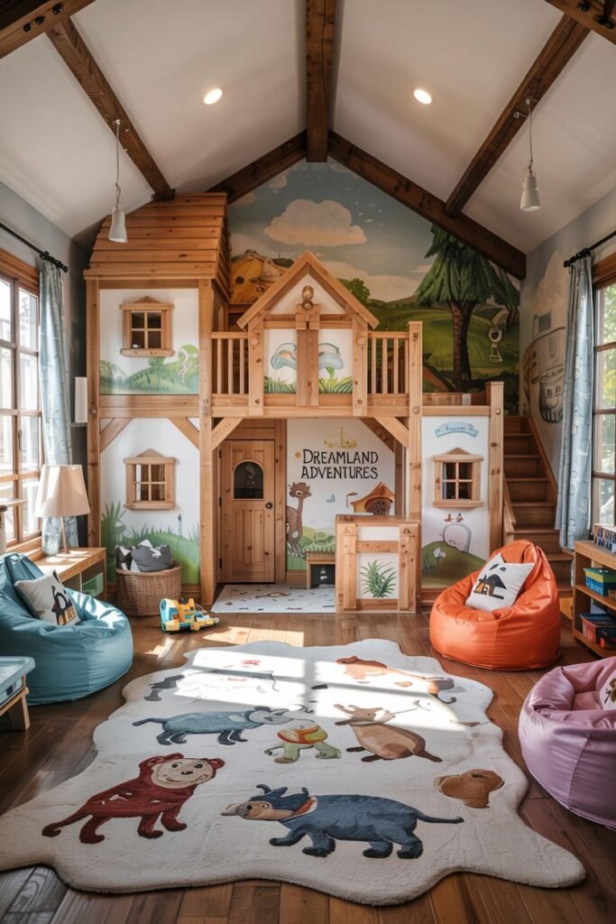 Chic kids' bedroom featuring a large wooden bunk bed play structure with slides and stairs labeled "DREAMLAND ADVENTURES", and multiple bean bags on the floor.