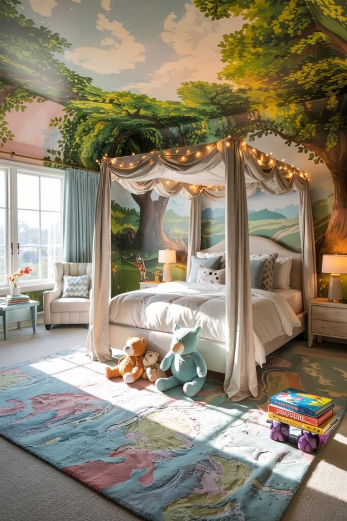 Chic kids' bedroom featuring a bed with a sheer canopy adorned with string lights, set against a wall and ceiling mural depicting a lush forest scene.