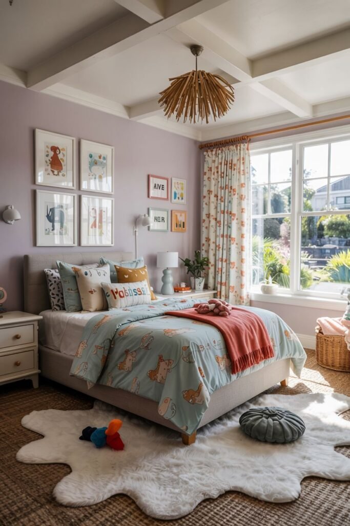 Chic kids' bedroom with lilac colored walls, a bed with patterned bedding and pillows, animal-themed curtains and framed art, and a soft faux fur rug.