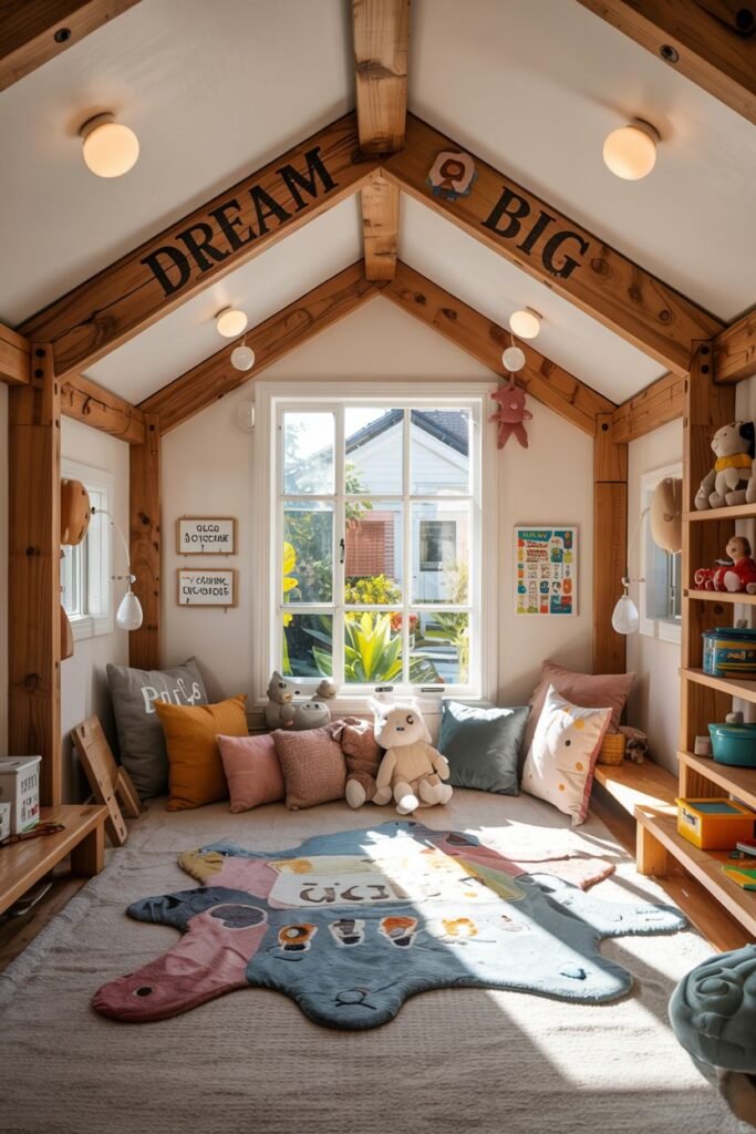 Chic kids' play area within what appears to be a bedroom space, featuring a small wooden house structure, a prominent "DREAM BIG" sign, bookshelves, and an animal-shaped rug surrounded by pillows.