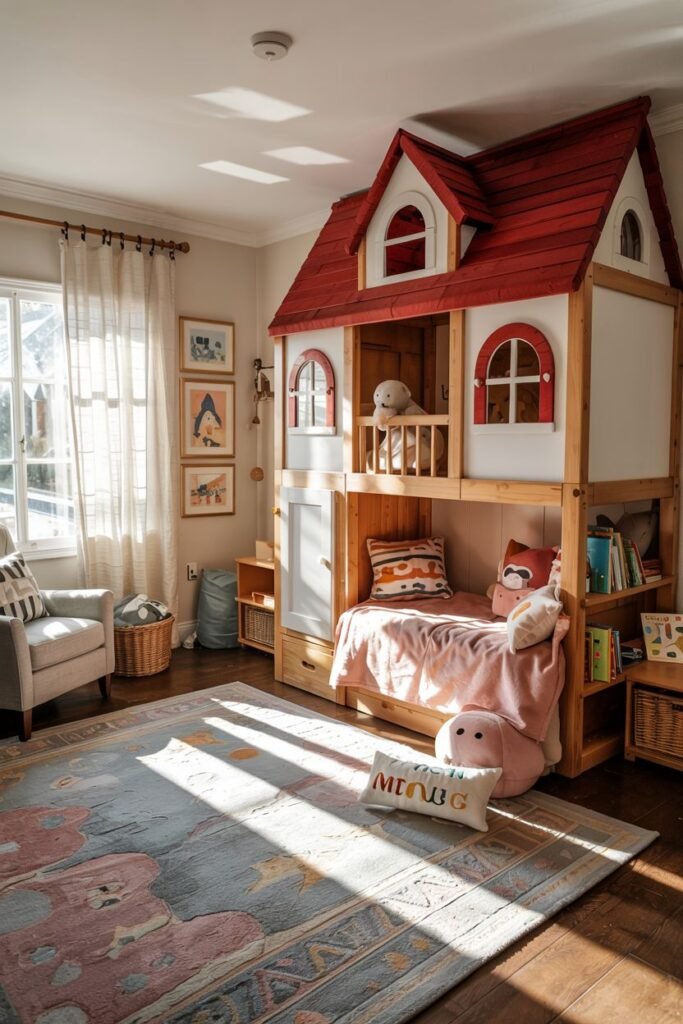 Chic kids' bedroom featuring a house-shaped bunk bed structure with a red roof, windows, and a ladder, alongside an armchair and bookshelves.