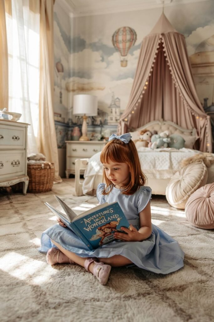 Young girl in a light blue dress reading "Adventures in Wonderland" while sitting on a plush rug in a whimsical, pastel-themed bedroom with a canopy bed, vintage furniture, and hot air balloon wall mural.