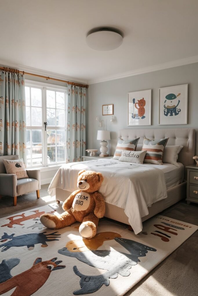 Chic kids' bedroom with a large stuffed teddy bear seated on an animal-shaped rug, a bed with a tufted headboard, and framed animal illustrations on the wall.