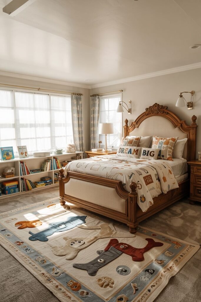 Chic kids' bedroom featuring a wooden bed, a low bookshelf positioned under a window filled with natural light, a pillow with "DREAM BIG", and a rug displaying various animals.