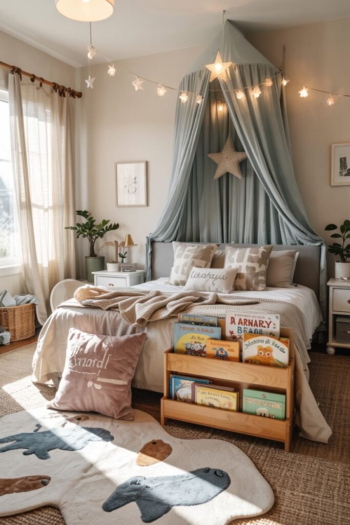 Chic kids' bedroom with a bed positioned under a light blue canopy decorated with star lights, a small wooden book display shelf, and a rug shaped like a seal.