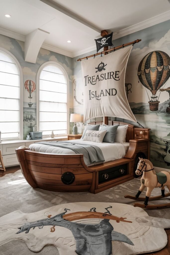Chic kids' bedroom designed with a striking pirate ship shaped bed featuring a sail labeled "TREASURE ISLAND", set against a mural depicting hot air balloons and a sea monster shaped rug.