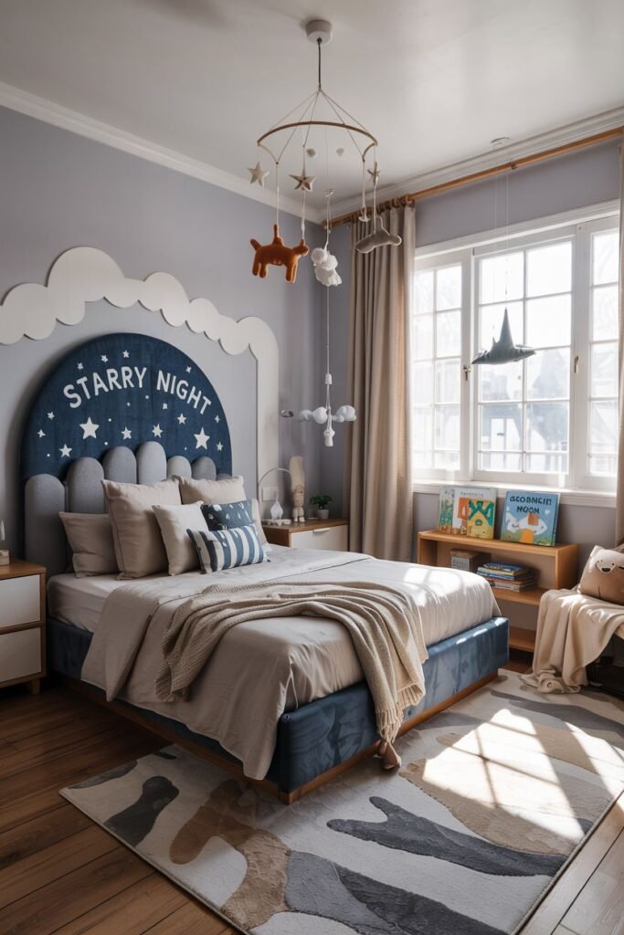 Chic kids' bedroom with a blue bed frame and a cloud-shaped headboard displaying "STARRY NIGHT" text, complemented by a starry mobile and natural light from a large window.