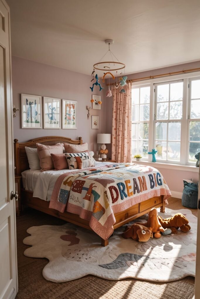 Chic kids' bedroom featuring a wooden bed with a colorful quilted blanket displaying "DREAM BIG", animal-themed curtains, an animal mobile, and an animal-shaped rug.