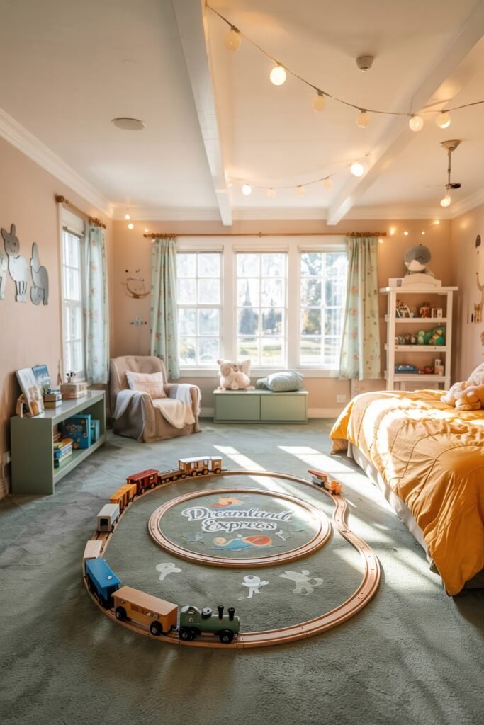 Chic kids' bedroom with a circular wooden train track laid out on the rug, a bed with a yellow duvet, string lights across the ceiling, and a window seat area with bookshelves.