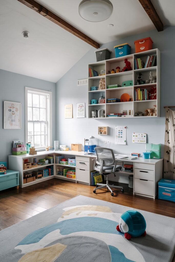 Chic kids' bedroom with a dedicated study area featuring a large corner desk, extensive built-in and wall-mounted shelving, and a rug with abstract, colorful shapes.