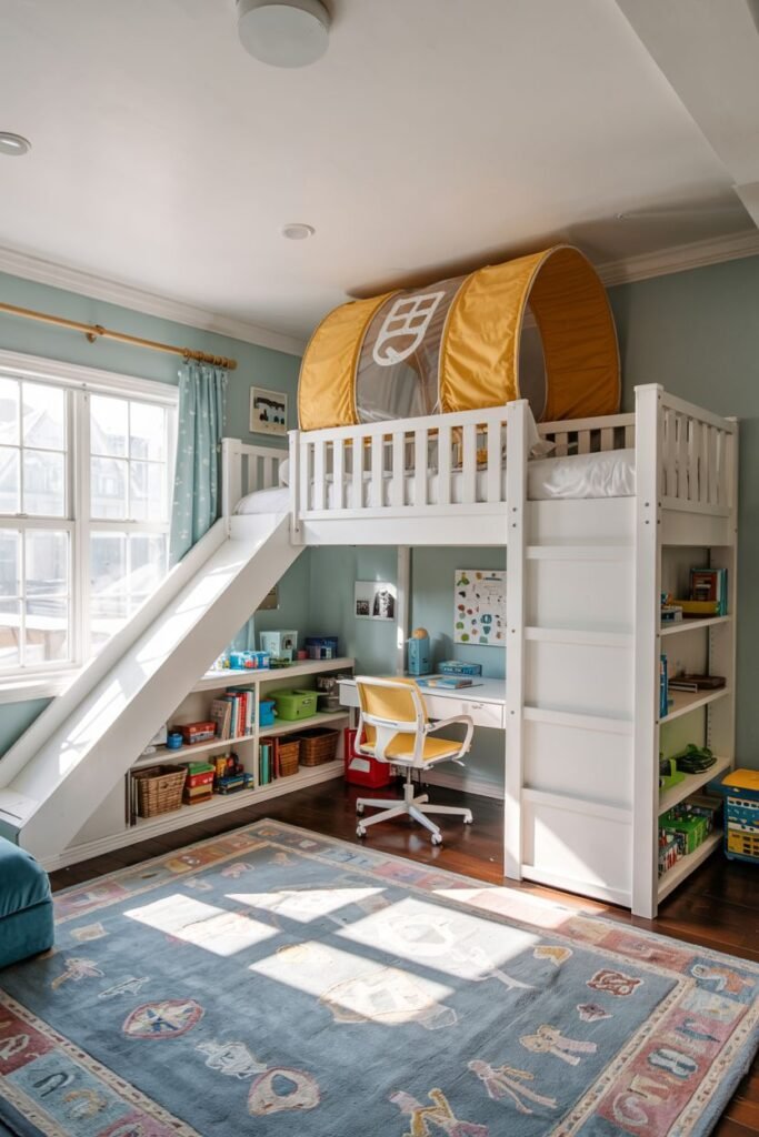 Chic kids' bedroom featuring a white loft bed with a slide and a yellow tunnel attachment, a desk underneath, and abundant shelving space.