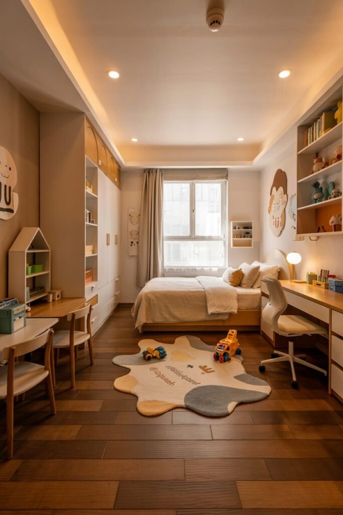 Chic kids' bedroom featuring a bed, two smaller desks and chairs for younger children, built-in storage, and an animal-shaped rug.