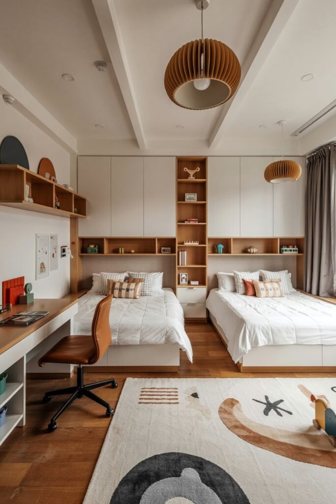 Chic kids' bedroom designed for siblings, featuring two single beds positioned side-by-side, a shared desk area, overhead storage, and a rug with abstract designs.