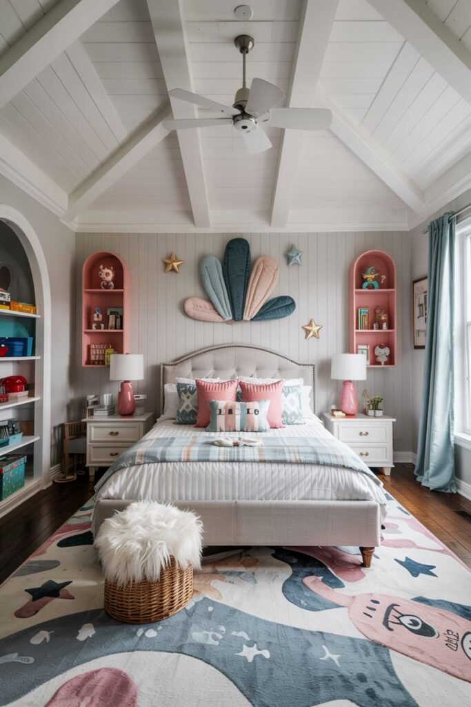 Chic kids' bedroom with a vaulted ceiling, pink arched shelves, star decorations, and a large area rug featuring animals and stars.