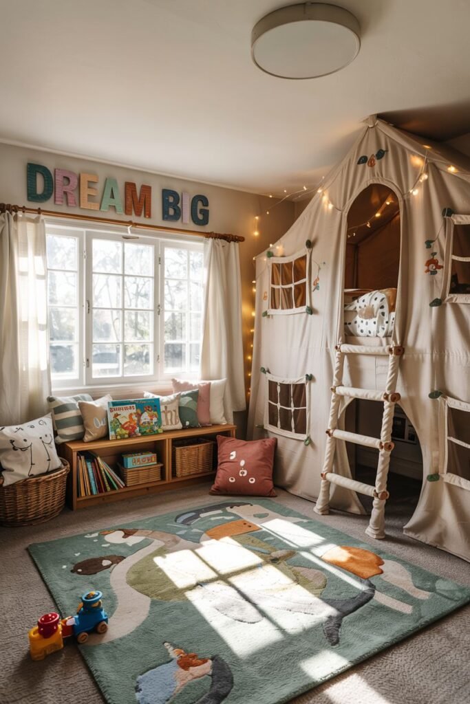Chic kids' bedroom incorporating a canvas play tent with a ladder and string lights, a window seat, a bookshelf, and a colorful "DREAM BIG" sign above the window.
