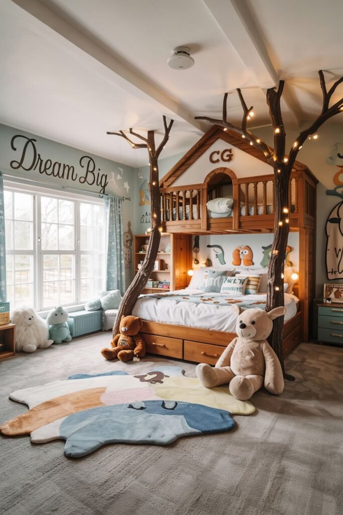 Chic kids' bedroom featuring a unique treehouse-style bunk bed with a slide and integrated stairs, a "Dream Big" wall sign, and large stuffed animals on an animal-shaped rug.