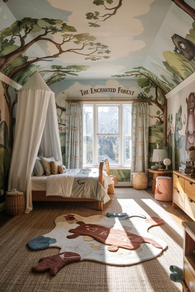 Chic kids' bedroom transformed with a detailed forest mural covering the walls and ceiling, a canopy bed, and an animal-shaped rug.