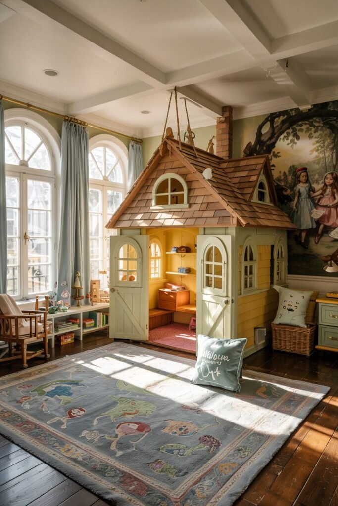 Chic kids' bedroom featuring a substantial yellow playhouse structure with windows and a door, set against a wall mural depicting a whimsical scene.