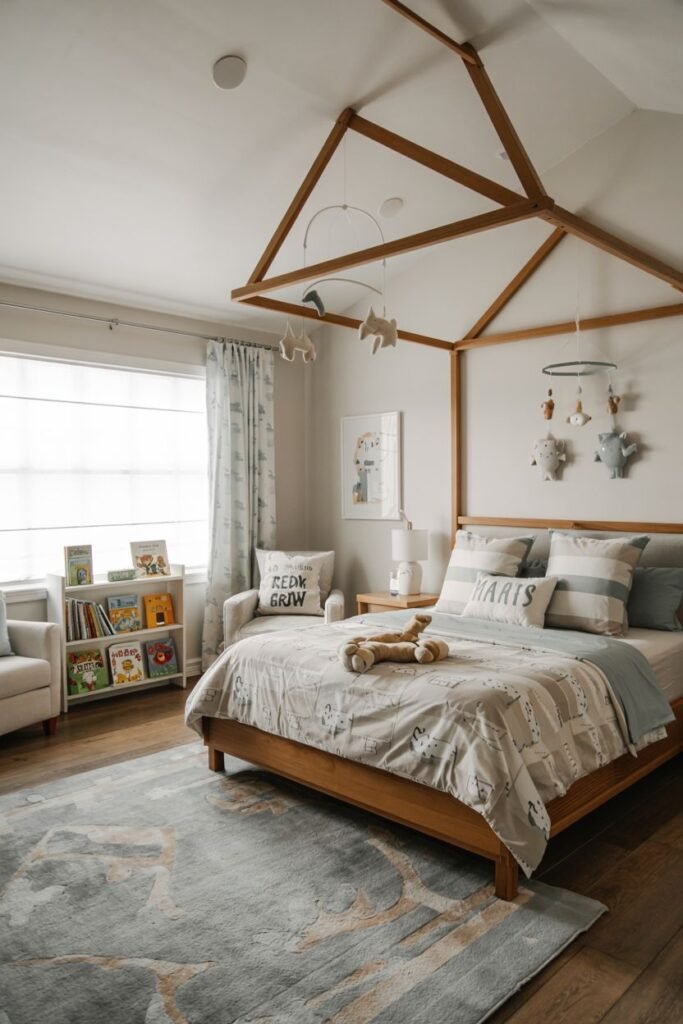 Chic kids' bedroom with a wooden canopy bed frame, an animal mobile hanging above, bookshelves, and a rug with abstract patterns.