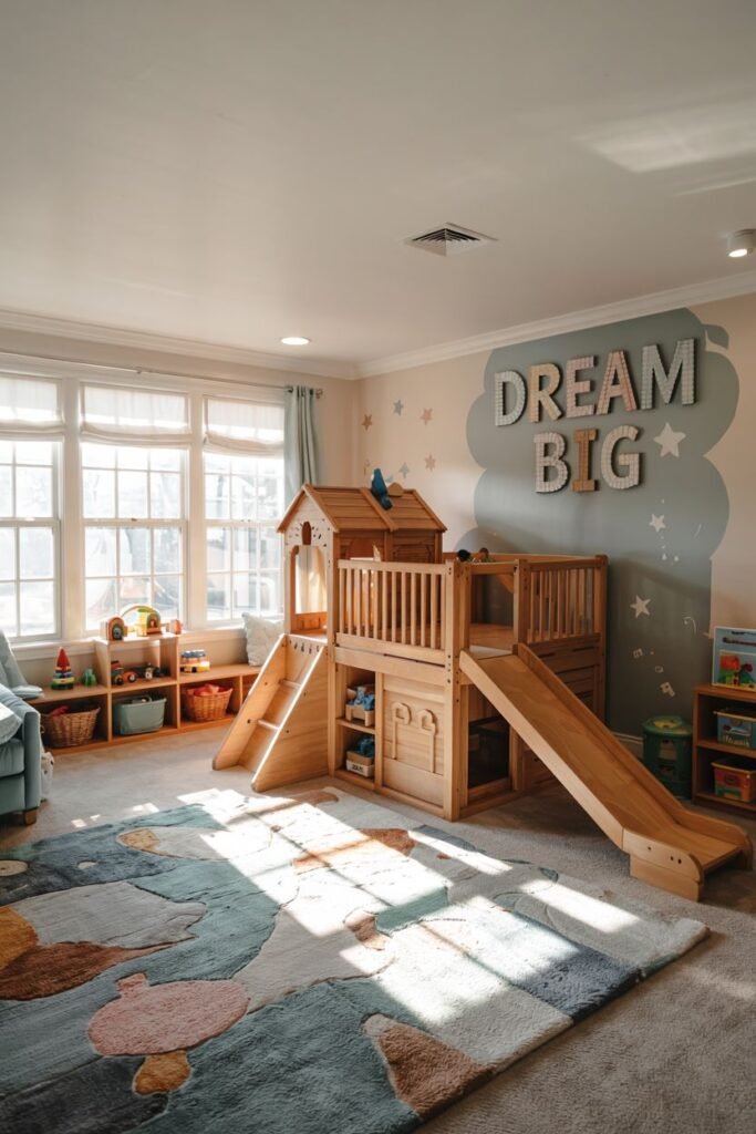 Chic kids' bedroom featuring a comprehensive wooden play structure with a house area, slide, and ladder, set against a mural with a cloud and "DREAM BIG" sign.