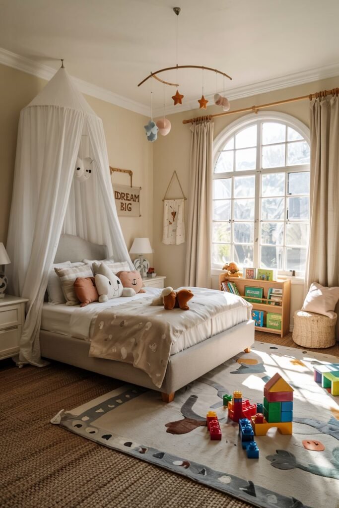 Chic kids' bedroom with a bed featuring a white canopy, a "Dream Big" sign on the wall, an arched window providing ample light, and an animal-themed rug.