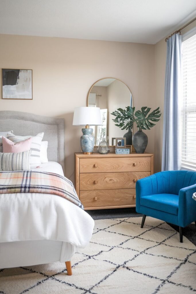 A bedroom with beige walls, featuring a bed with a grey upholstered headboard, layered neutral bedding with pink and plaid accents, a wooden dresser with a round gold mirror, plants, and a vibrant blue accent chair on a patterned rug. It has the look of a comfortable apartment bedroom.