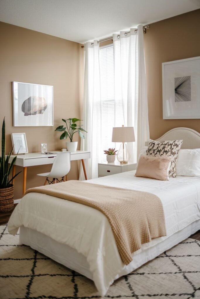 A warm and neutral bedroom with beige walls, featuring a white bed with a padded headboard, neutral and pink layered bedding, a white nightstand, a white desk with a chair, framed artwork, and a patterned grey rug. It shows a typical bedroom setup for an apartment.