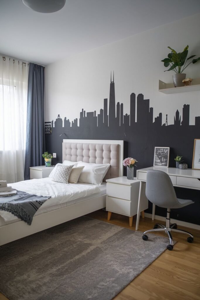 A bedroom with a striking black skyline mural on a white accent wall behind the bed, featuring a white bed with a light upholstered headboard, white nightstands, a white desk with a grey rolling chair, and a grey area rug. The accent wall adds personality to this apartment bedroom, possibly a college student's room.