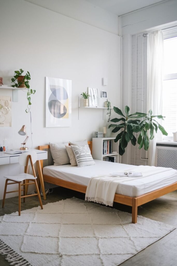 A bright bedroom with white walls and large windows, featuring a light wood bed frame with white bedding, a white desk with a wooden and white chair, floating shelves with plants and art, a white bookshelf, and a textured white area rug. This space appears to be a sunny bedroom, potentially in a larger apartment, suitable for a college student.