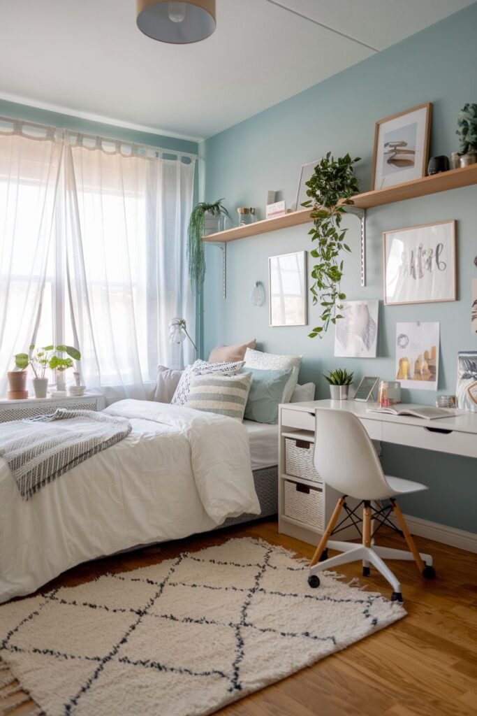 A bedroom with light blue walls and wooden floors, showcasing a large window with sheer white curtains, a white bed, a white desk with a white chair, two long wooden floating shelves above the desk holding plants, framed artwork, and a textured white rug. This well-decorated bedroom could be part of a college apartment.