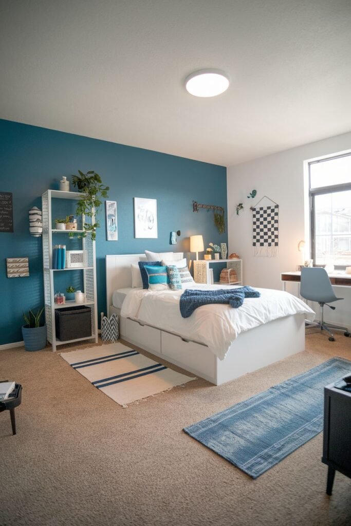 A vibrant bedroom with a bold blue accent wall and beige carpet, featuring a white bed frame with storage drawers, layered blue bedding, a white metal shelving unit, a white desk with a blue chair, framed artwork, and two blue area rugs. The storage bed is practical for an apartment or college bedroom.